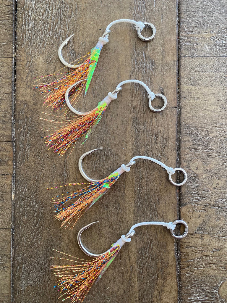custom fishing hooks 4) AON -Mustad Custom Assist Jig Hooks -300lb with Split Rings -Salt – All or Nothing .US